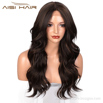 Aisi Hair 24 Inch Long Wavy Mixed Brown Wig Body Wave Swiss Lace Wig Middle Part Cheap  Lace Front Wigs For Black Women